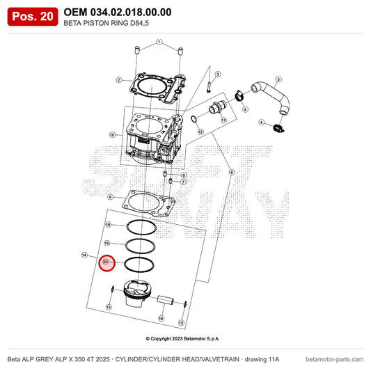 BETA PISTON RING D84,5 – OEM 034.02.018.00.00, position 20 on the Beta ALP GREY ALP X 350 4T 2025 cylinder/cylinder head/valvetrain drawing