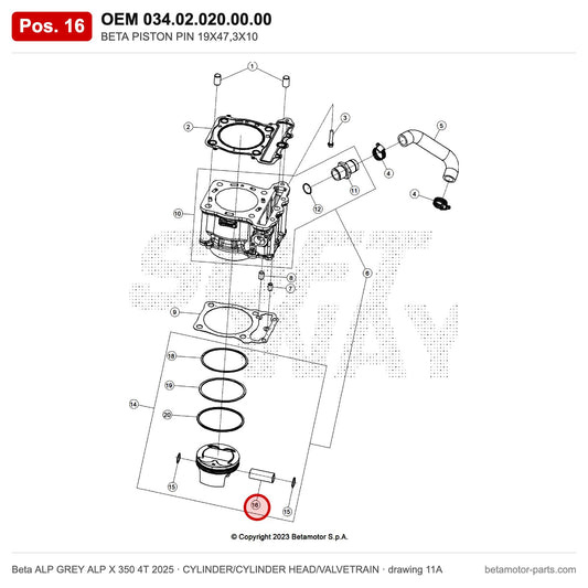 BETA PISTON PIN 19X47,3X10 – OEM 034.02.020.00.00, position 16 on the Beta ALP GREY ALP X 350 4T 2025 cylinder/cylinder head/valvetrain drawing