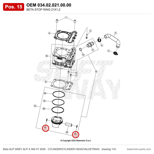 BETA STOP RING 21X1,2 – OEM 034.02.021.00.00, position 15 on the Beta ALP GREY ALP X 350 4T 2025 cylinder/cylinder head/valvetrain drawing