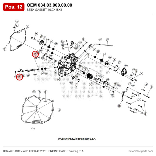 BETA GASKET 10,2X18X1 – OEM 034.03.000.00.00, position 12 on the Beta ALP GREY ALP X 350 4T 2025 engine case drawing