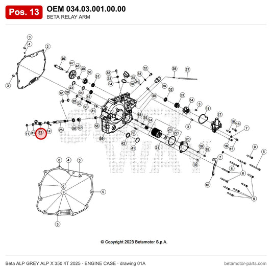 BETA RELAY ARM – OEM 034.03.001.00.00, position 13 on the Beta ALP GREY ALP X 350 4T 2025 engine case drawing