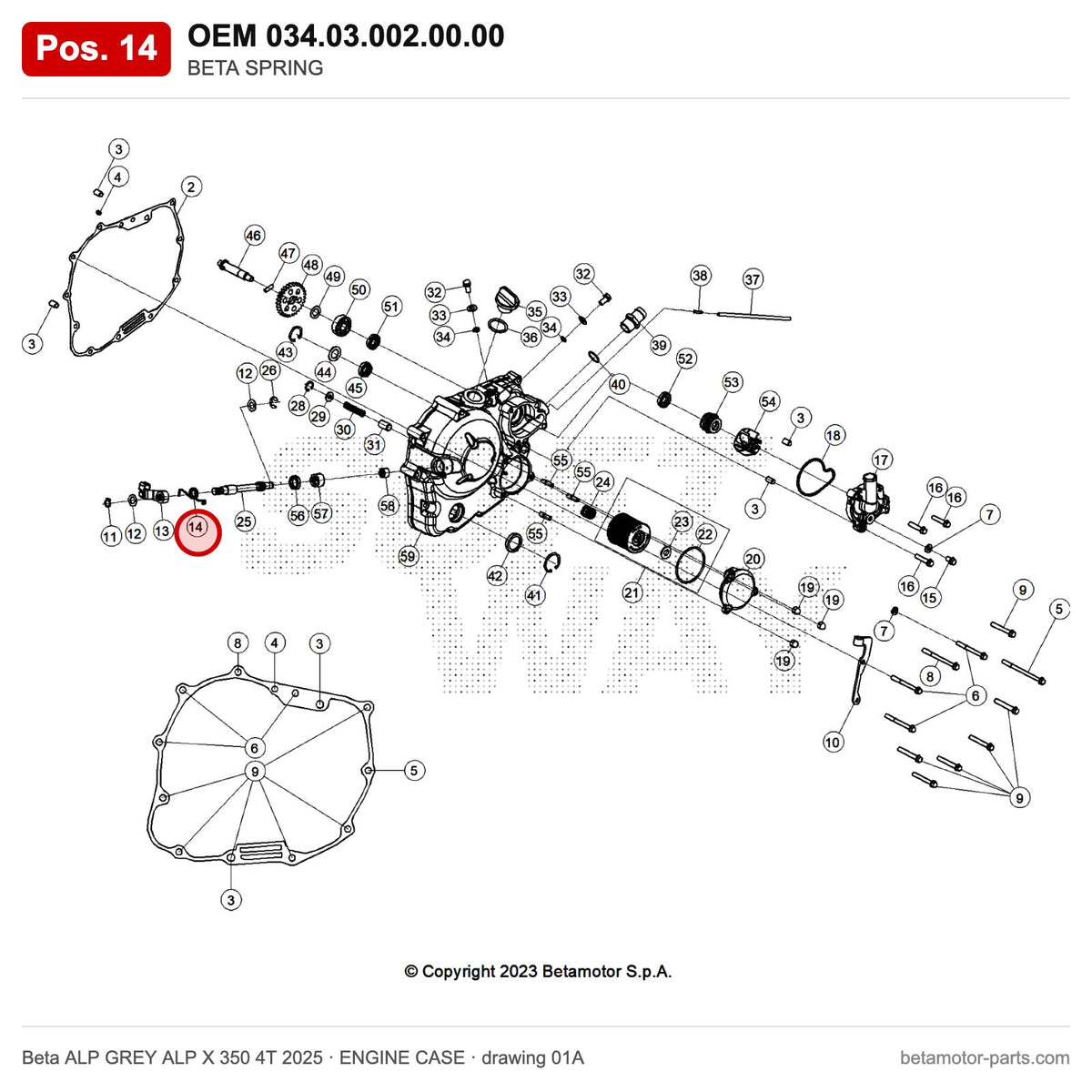 BETA SPRING – OEM 034.03.002.00.00, position 14 on the Beta ALP GREY ALP X 350 4T 2025 engine case drawing
