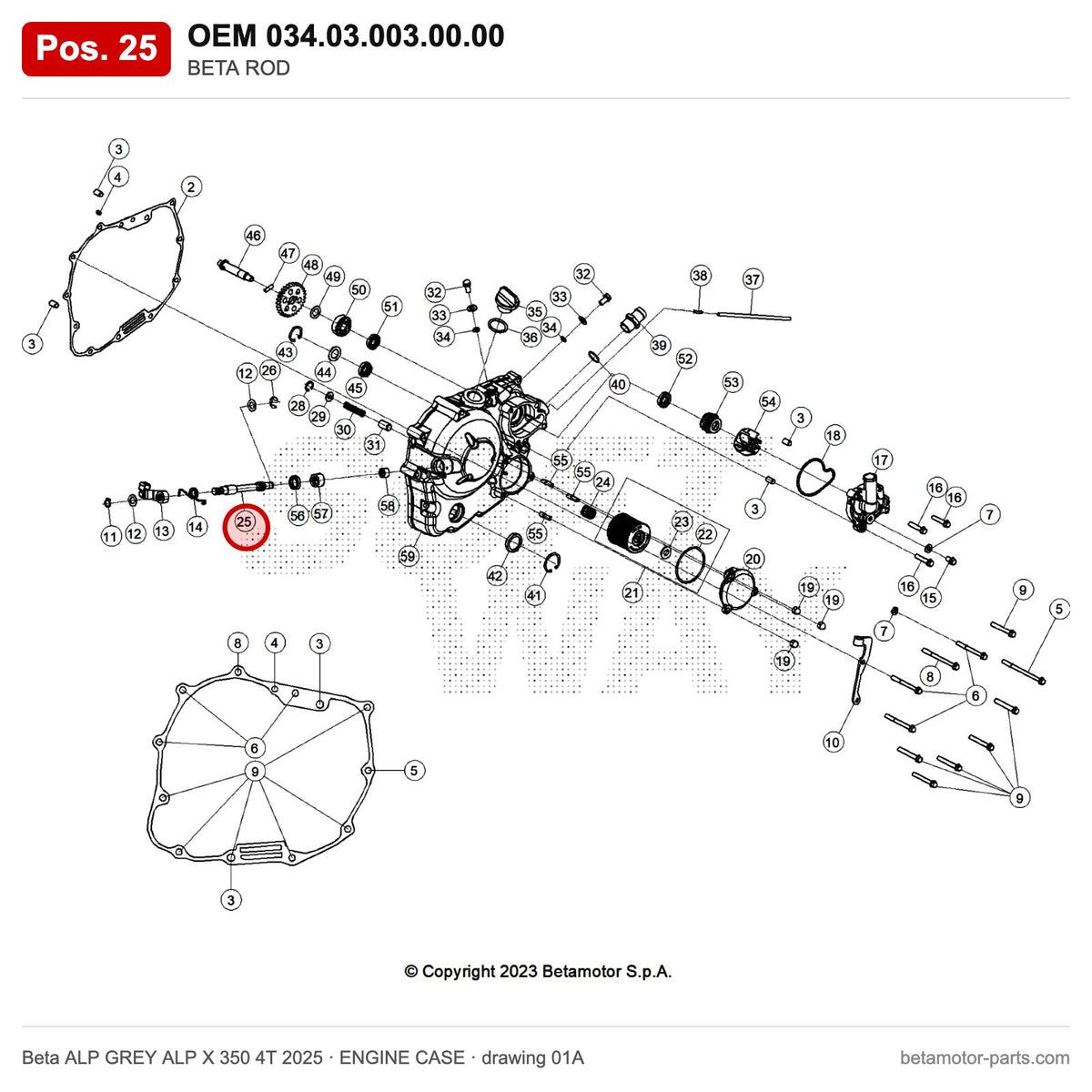BETA ROD – OEM 034.03.003.00.00, position 25 on the Beta ALP GREY ALP X 350 4T 2025 engine case drawing