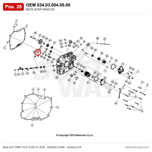 BETA STOP RING D9 – OEM 034.03.004.00.00, position 26 on the Beta ALP GREY ALP X 350 4T 2025 engine case drawing