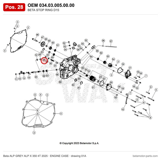 BETA STOP RING D15 – OEM 034.03.005.00.00, position 28 on the Beta ALP GREY ALP X 350 4T 2025 engine case drawing