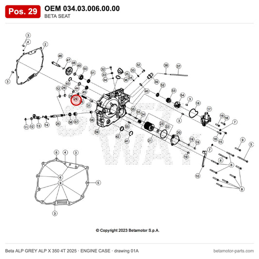 BETA SEAT – OEM 034.03.006.00.00, position 29 on the Beta ALP GREY ALP X 350 4T 2025 engine case drawing