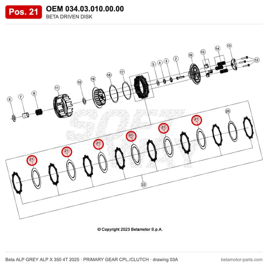 BETA DRIVEN DISK – OEM 034.03.010.00.00, position 21 on the Beta ALP GREY ALP X 350 4T 2025 primary gear cpl./clutch drawing