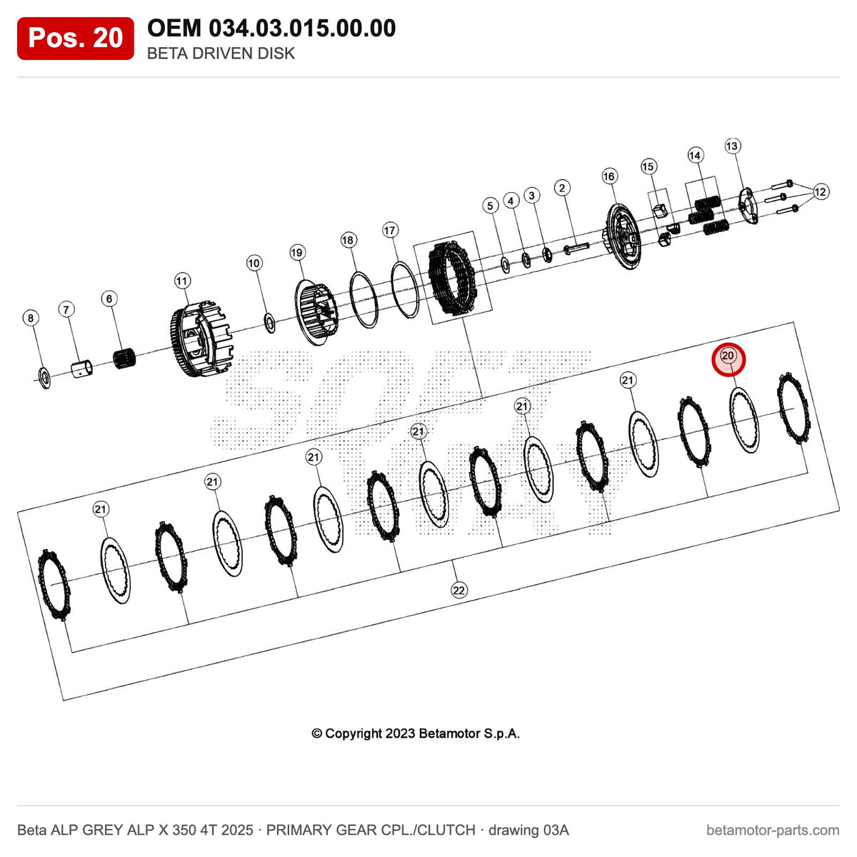 BETA DRIVEN DISK – OEM 034.03.015.00.00, position 20 on the Beta ALP GREY ALP X 350 4T 2025 primary gear cpl./clutch drawing