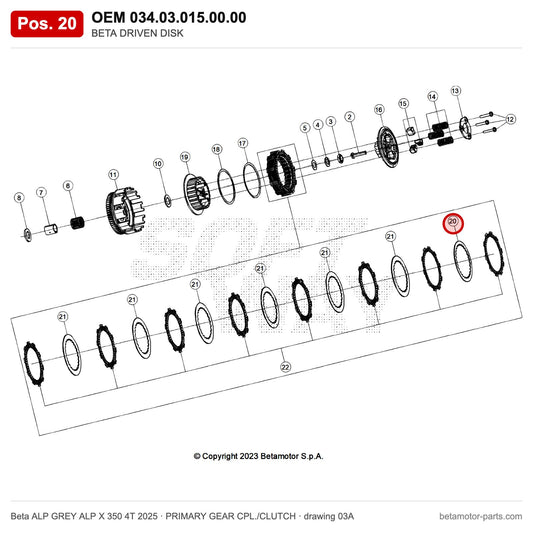 BETA DRIVEN DISK – OEM 034.03.015.00.00, position 20 on the Beta ALP GREY ALP X 350 4T 2025 primary gear cpl./clutch drawing
