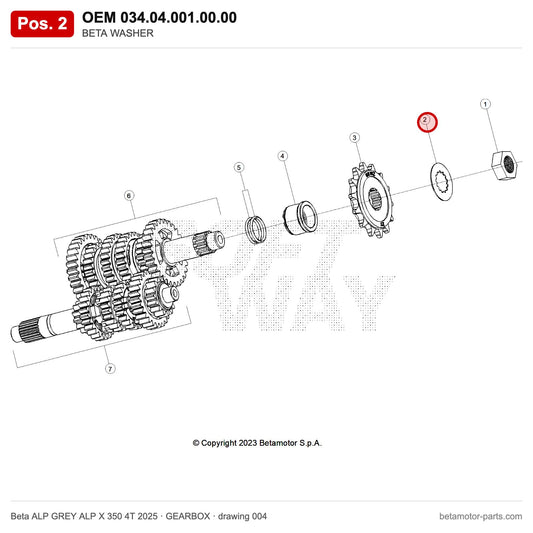 BETA WASHER – OEM 034.04.001.00.00, position 2 on the Beta ALP GREY ALP X 350 4T 2025 gearbox drawing