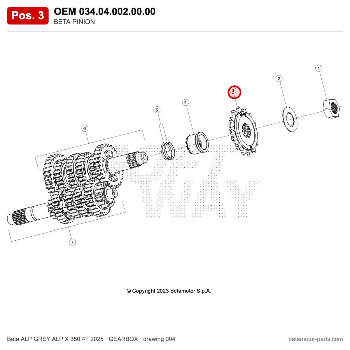 BETA PINION – OEM 034.04.002.00.00, position 3 on the Beta ALP GREY ALP X 350 4T 2025 gearbox drawing