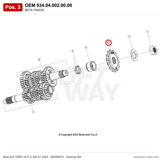 BETA PINION – OEM 034.04.002.00.00, position 3 on the Beta ALP GREY ALP X 350 4T 2025 gearbox drawing
