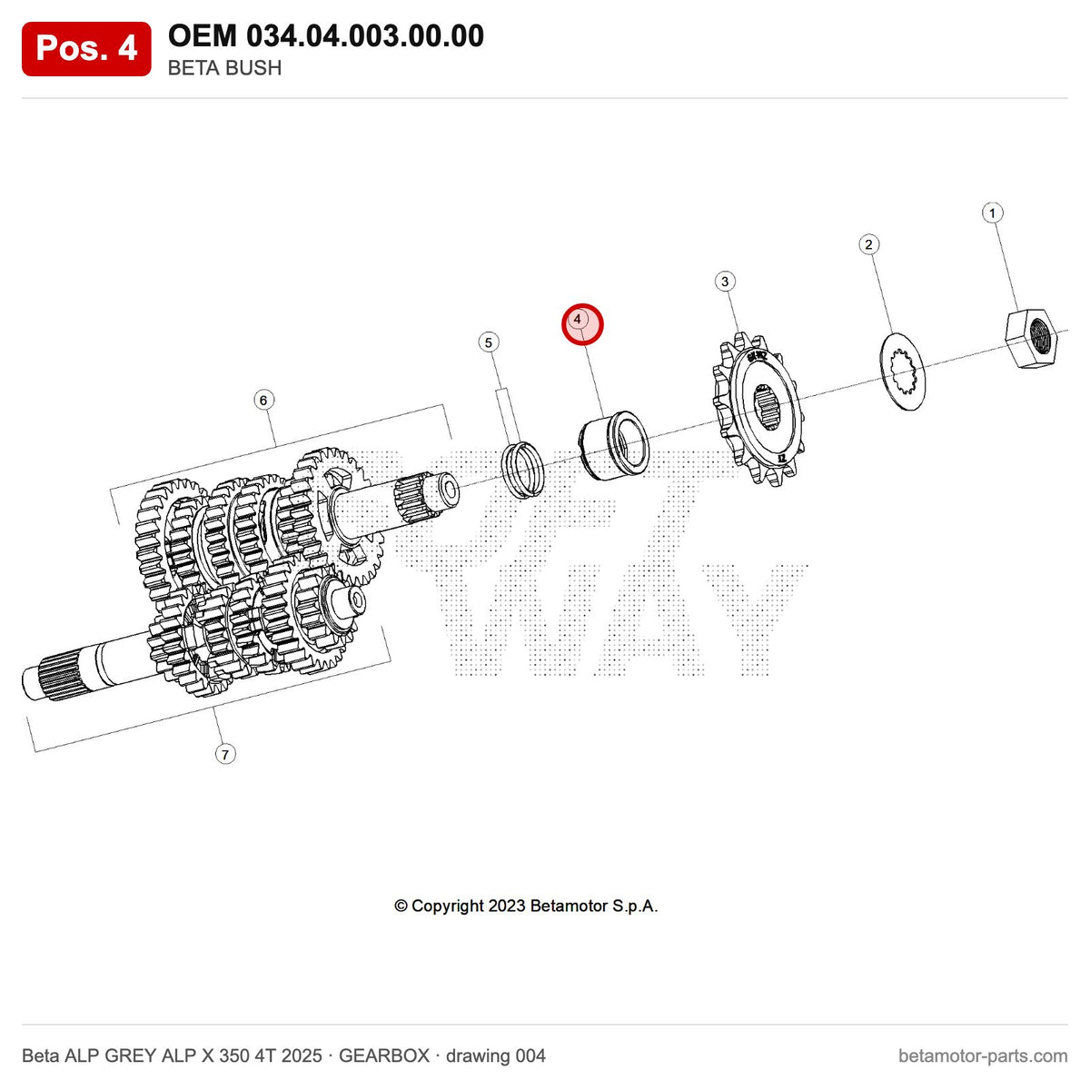 BETA BUSH – OEM 034.04.003.00.00, position 4 on the Beta ALP GREY ALP X 350 4T 2025 gearbox drawing