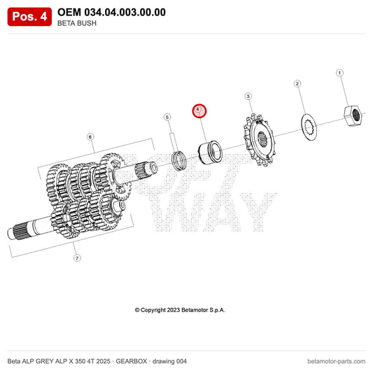 BETA BUSH – OEM 034.04.003.00.00, position 4 on the Beta ALP GREY ALP X 350 4T 2025 gearbox drawing