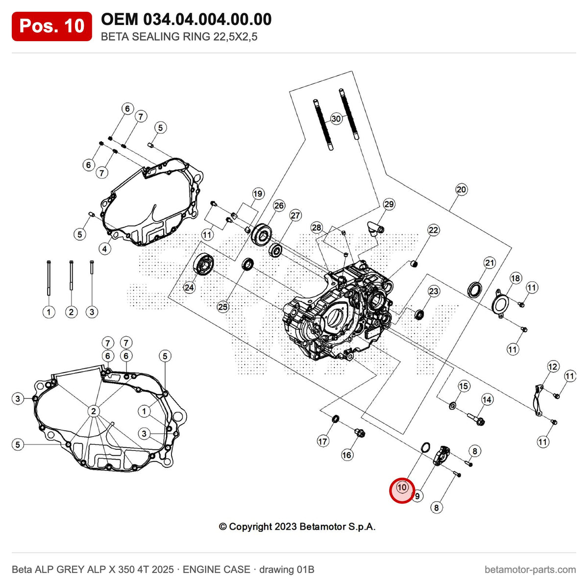 BETA SEALING RING 22,5X2,5 – OEM 034.04.004.00.00, position 10 on the Beta ALP GREY ALP X 350 4T 2025 engine case drawing