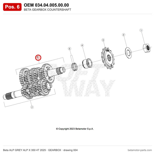 BETA GEARBOX COUNTERSHAFT – OEM 034.04.005.00.00, position 6 on the Beta ALP GREY ALP X 350 4T 2025 gearbox drawing