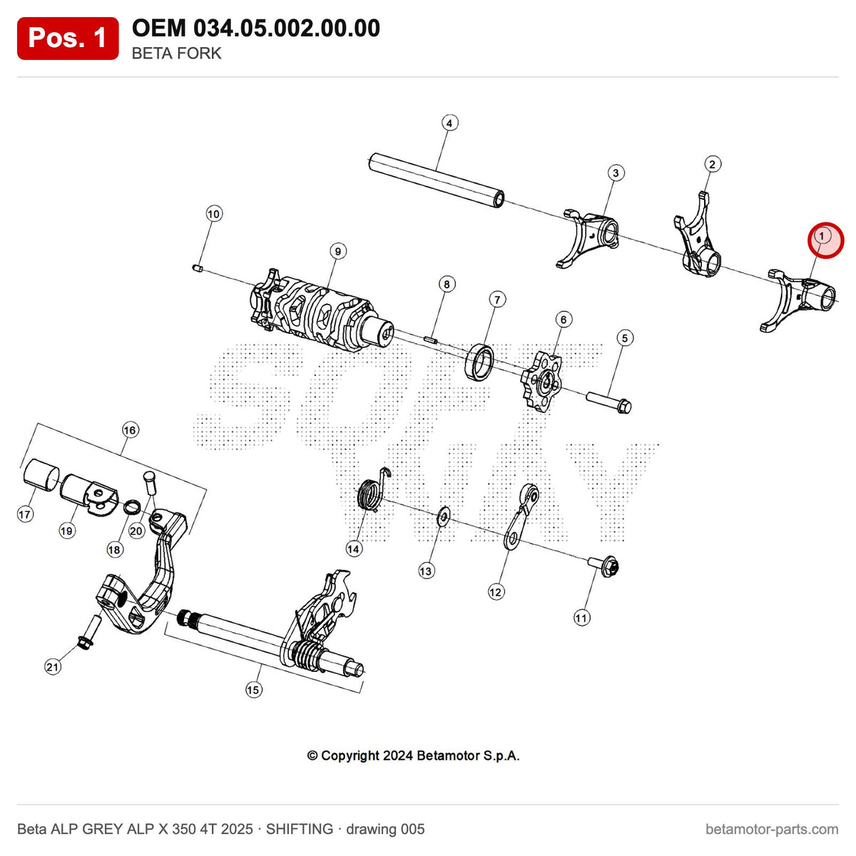 BETA FORK – OEM 034.05.002.00.00, position 1 on the Beta ALP GREY ALP X 350 4T 2025 shifting drawing