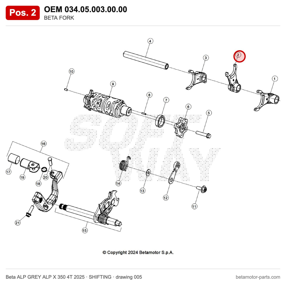 BETA FORK – OEM 034.05.003.00.00, position 2 on the Beta ALP GREY ALP X 350 4T 2025 shifting drawing