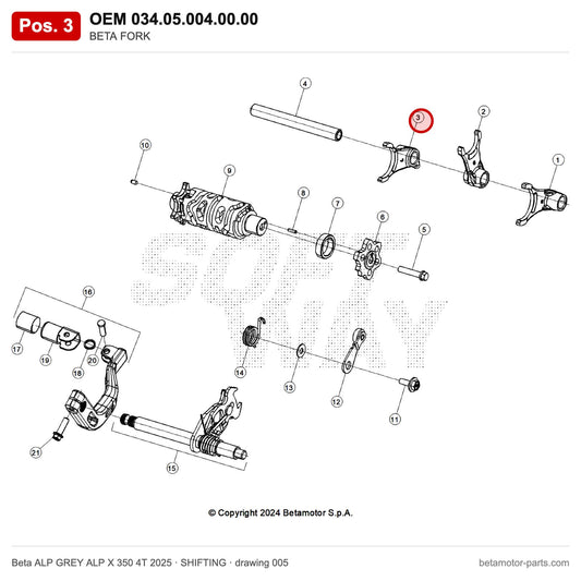 BETA FORK – OEM 034.05.004.00.00, position 3 on the Beta ALP GREY ALP X 350 4T 2025 shifting drawing