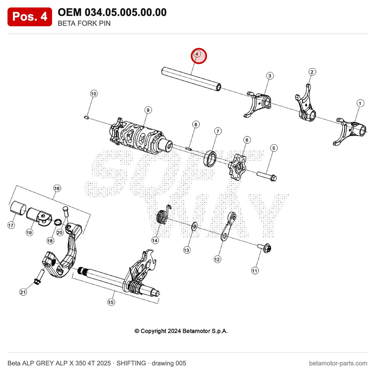 BETA FORK PIN – OEM 034.05.005.00.00, position 4 on the Beta ALP GREY ALP X 350 4T 2025 shifting drawing