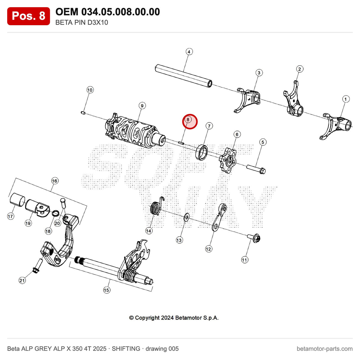 BETA PIN D3X10 – OEM 034.05.008.00.00, position 8 on the Beta ALP GREY ALP X 350 4T 2025 shifting drawing