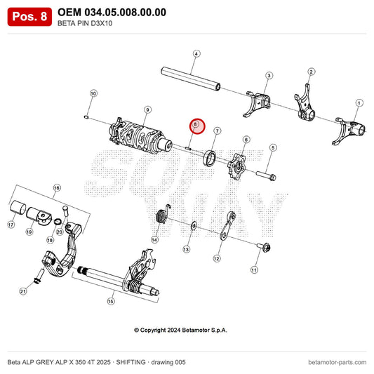 BETA PIN D3X10 – OEM 034.05.008.00.00, position 8 on the Beta ALP GREY ALP X 350 4T 2025 shifting drawing