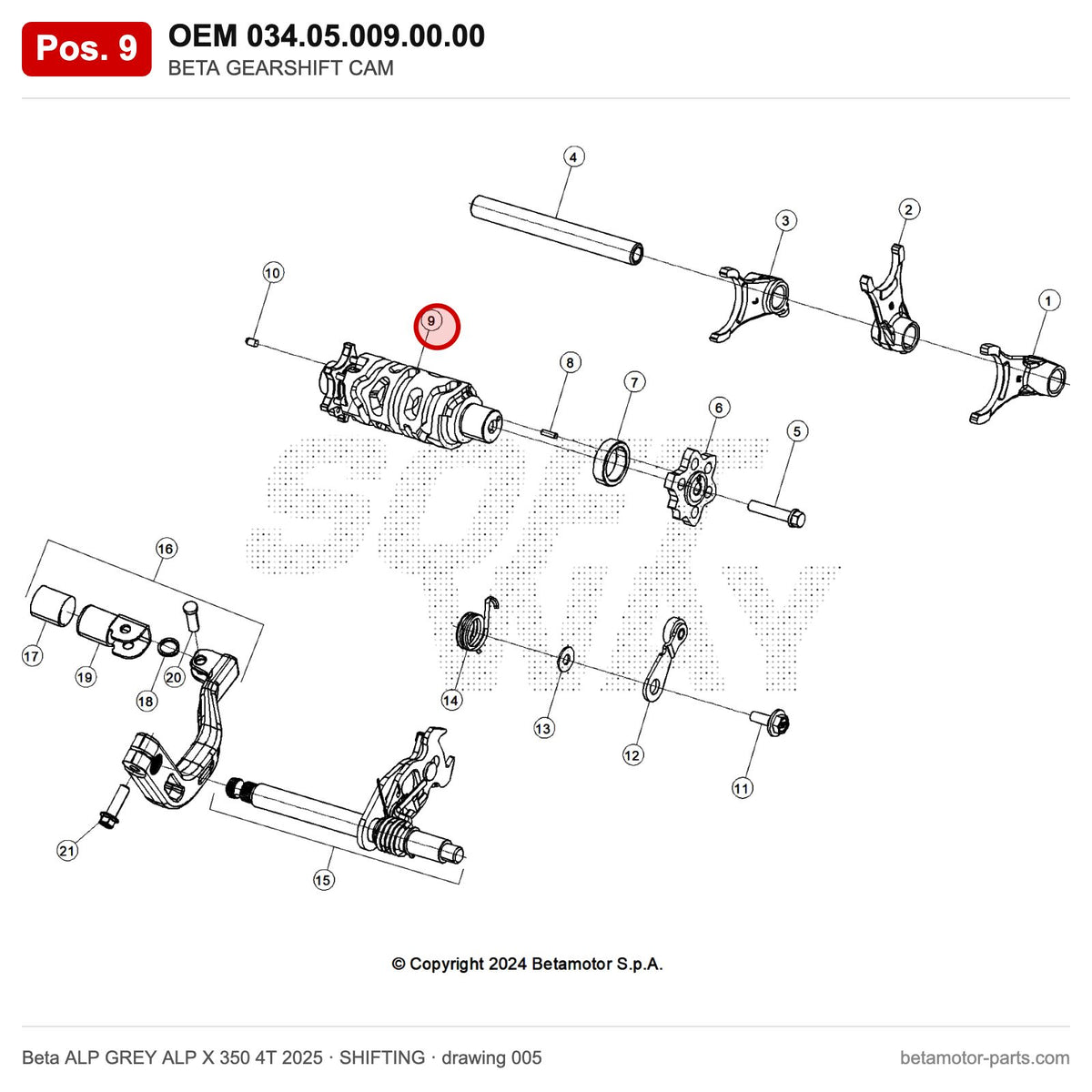 BETA GEARSHIFT CAM – OEM 034.05.009.00.00, position 9 on the Beta ALP GREY ALP X 350 4T 2025 shifting drawing