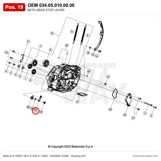 BETA GEAR STOP LEVER – OEM 034.05.010.00.00, position 19 on the Beta ALP GREY ALP X 350 4T 2025 engine case drawing