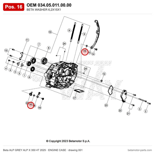 BETA WASHER 6,2X15X1 – OEM 034.05.011.00.00, position 16 on the Beta ALP GREY ALP X 350 4T 2025 engine case drawing