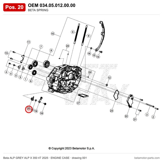 BETA SPRING – OEM 034.05.012.00.00, position 20 on the Beta ALP GREY ALP X 350 4T 2025 engine case drawing