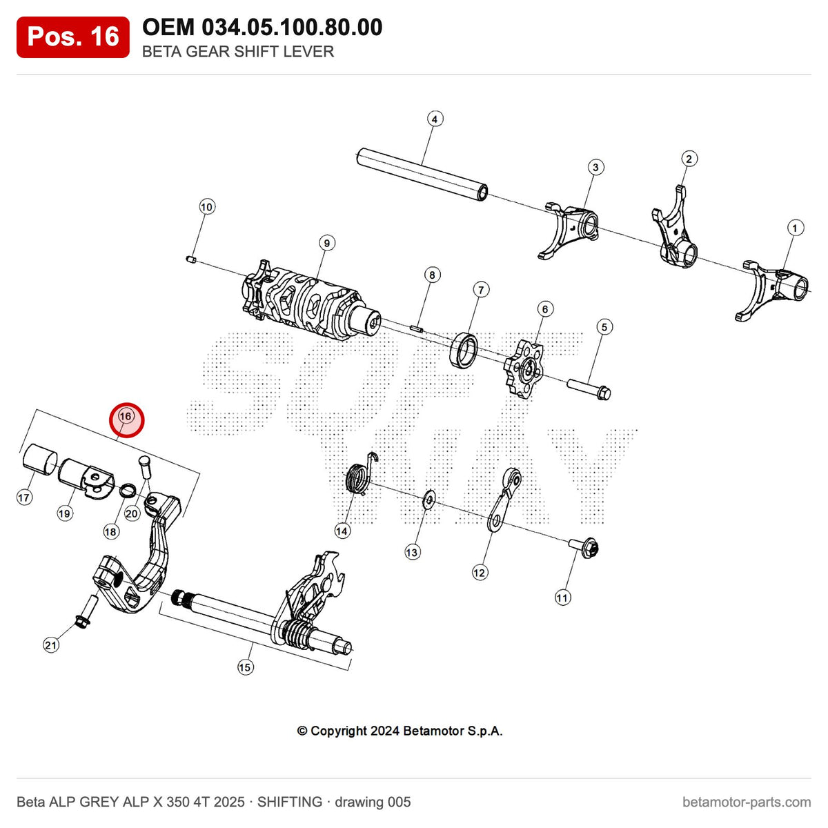 BETA GEAR SHIFT LEVER – OEM 034.05.100.80.00, position 16 on the Beta ALP GREY ALP X 350 4T 2025 shifting drawing