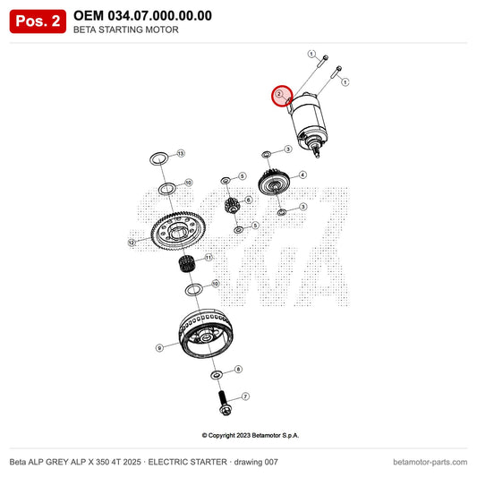 BETA STARTING MOTOR – OEM 034.07.000.00.00, position 2 on the Beta ALP GREY ALP X 350 4T 2025 elettricstarter drawing
