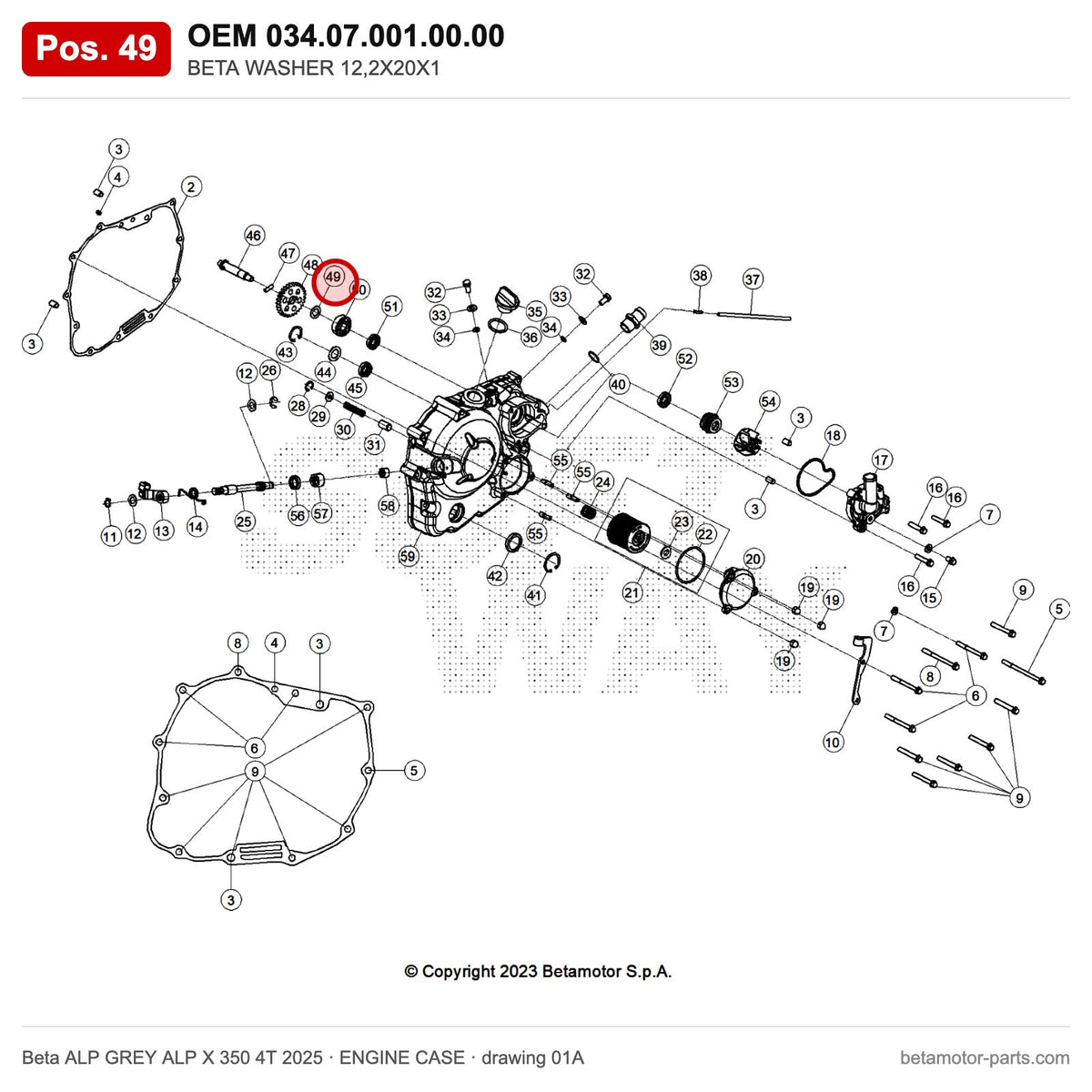 BETA WASHER 12,2X20X1 – OEM 034.07.001.00.00, position 49 on the Beta ALP GREY ALP X 350 4T 2025 engine case drawing