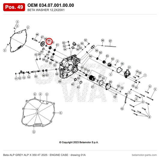BETA WASHER 12,2X20X1 – OEM 034.07.001.00.00, position 49 on the Beta ALP GREY ALP X 350 4T 2025 engine case drawing
