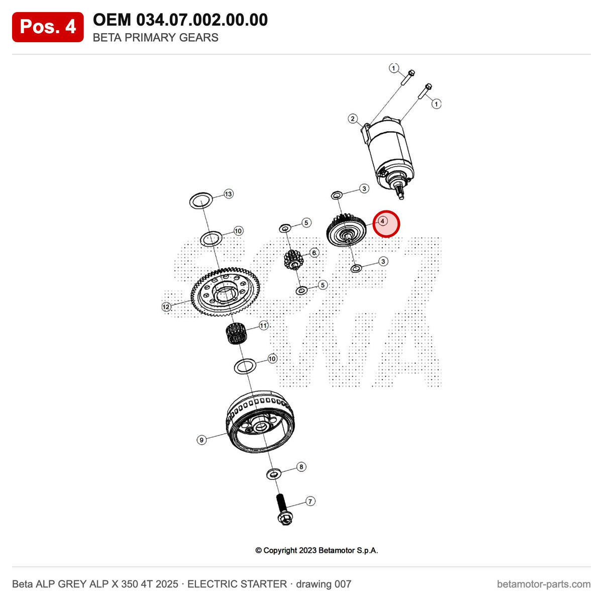 BETA PRIMARY GEARS – OEM 034.07.002.00.00, position 4 on the Beta ALP GREY ALP X 350 4T 2025 elettricstarter drawing