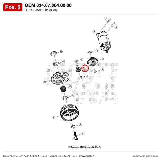 BETA START-UP GEAR – OEM 034.07.004.00.00, position 6 on the Beta ALP GREY ALP X 350 4T 2025 elettricstarter drawing