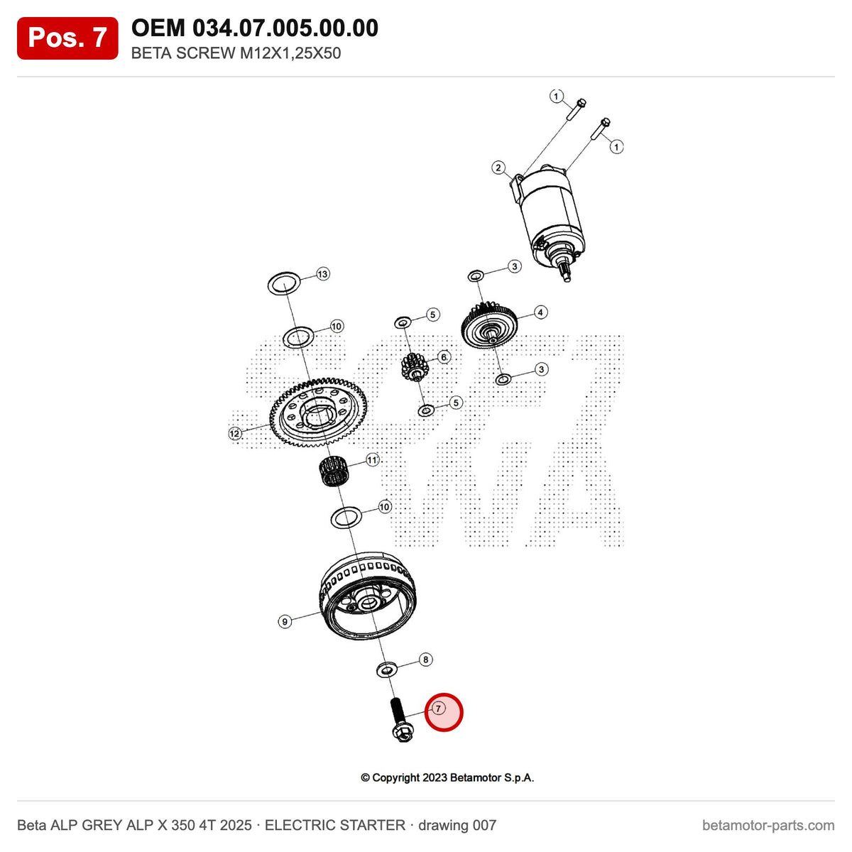 BETA SCREW M12X1,25X50 – OEM 034.07.005.00.00, position 7 on the Beta ALP GREY ALP X 350 4T 2025 elettricstarter drawing