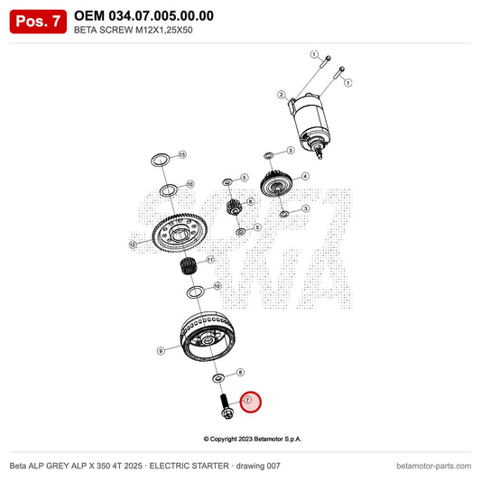 BETA SCREW M12X1,25X50 – OEM 034.07.005.00.00, position 7 on the Beta ALP GREY ALP X 350 4T 2025 elettricstarter drawing