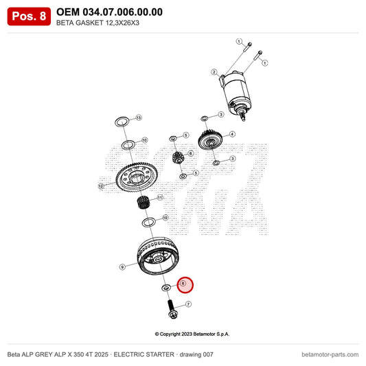BETA GASKET 12,3X26X3 – OEM 034.07.006.00.00, position 8 on the Beta ALP GREY ALP X 350 4T 2025 elettricstarter drawing