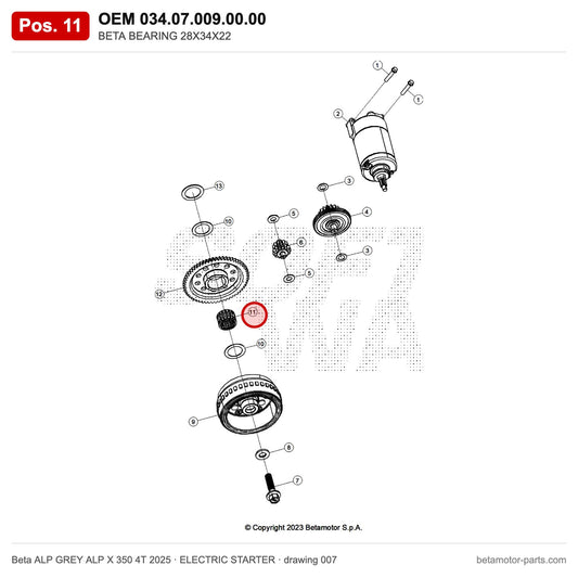 BETA BEARING 28X34X22 – OEM 034.07.009.00.00, position 11 on the Beta ALP GREY ALP X 350 4T 2025 elettricstarter drawing