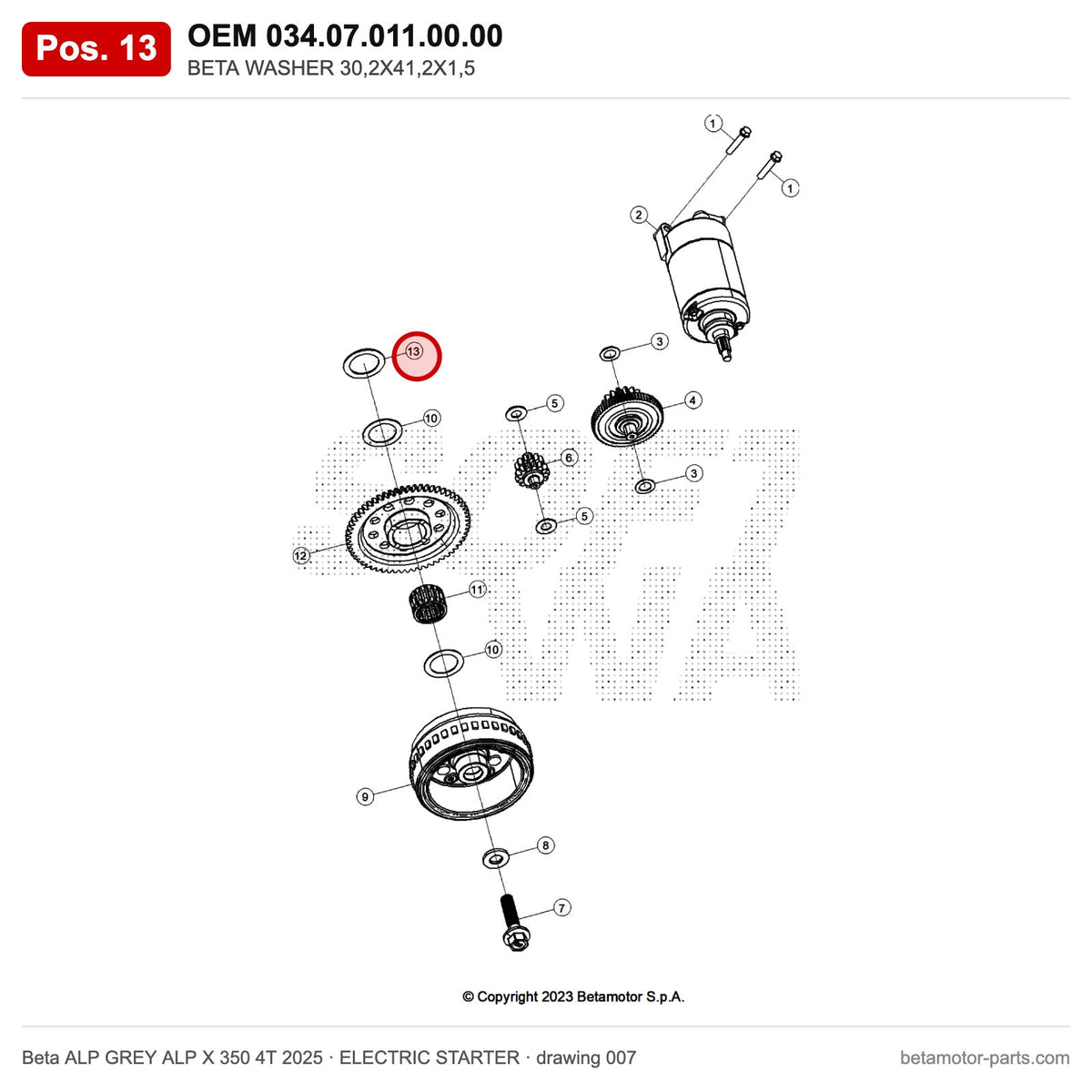 BETA WASHER 30,2X41,2X1,5 – OEM 034.07.011.00.00, position 13 on the Beta ALP GREY ALP X 350 4T 2025 elettricstarter drawing