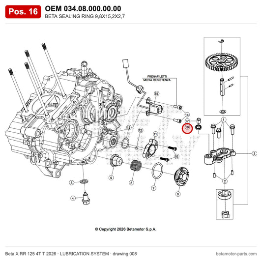 BETA SEALING RING 9,8X15,2X2,7 – OEM 034.08.000.00.00, position 16 on the Beta X RR 125 4T T 2026 lubrication system drawing