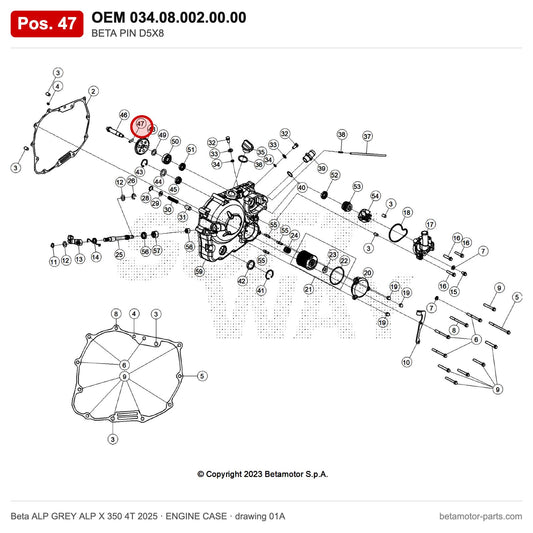 BETA PIN D5X8 – OEM 034.08.002.00.00, position 47 on the Beta ALP GREY ALP X 350 4T 2025 engine case drawing