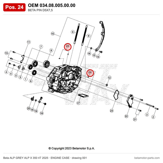 BETA PIN D5X7,5 – OEM 034.08.005.00.00, position 24 on the Beta ALP GREY ALP X 350 4T 2025 engine case drawing