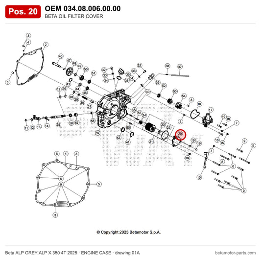 BETA OIL FILTER COVER – OEM 034.08.006.00.00, position 20 on the Beta ALP GREY ALP X 350 4T 2025 engine case drawing