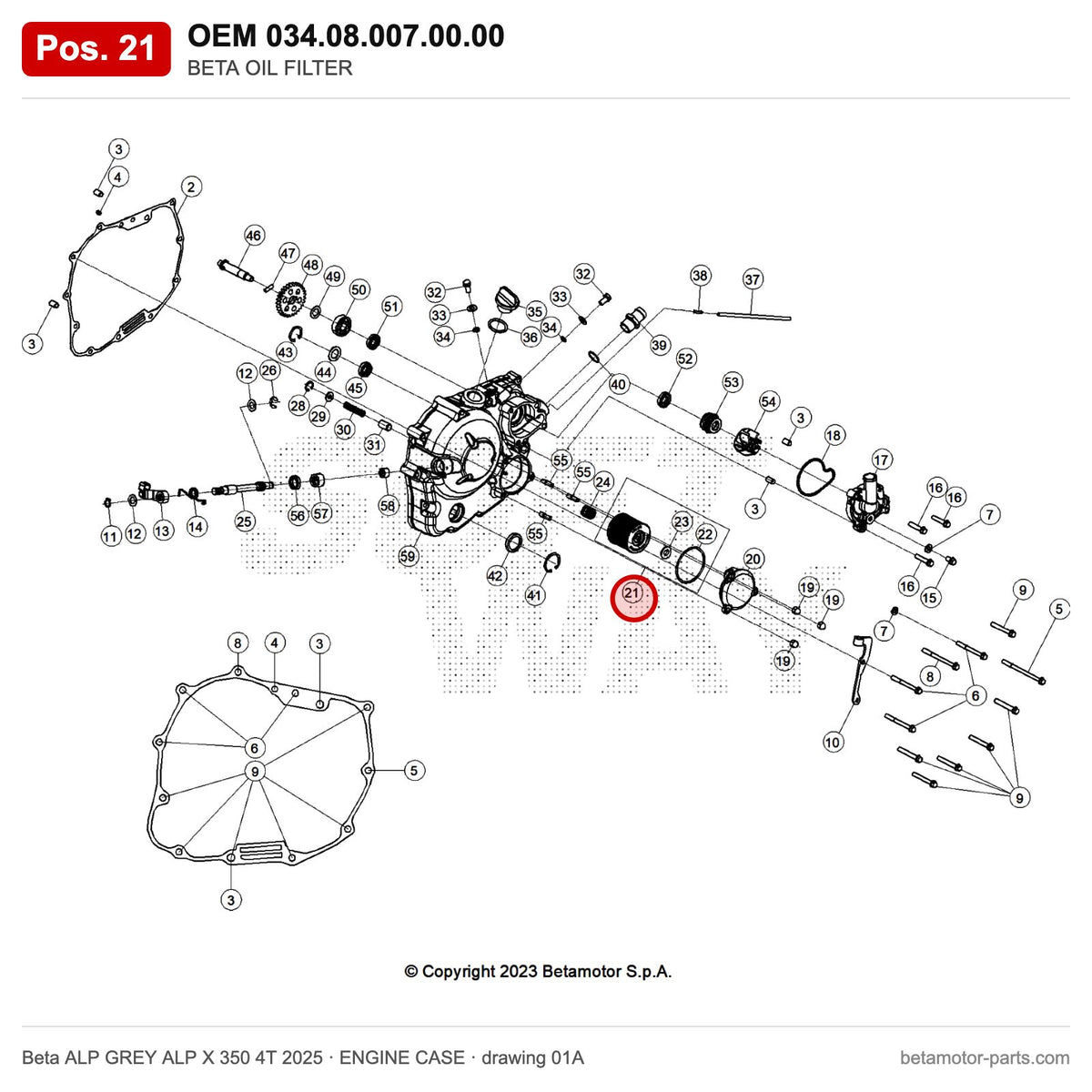 BETA OIL FILTER – OEM 034.08.007.00.00, position 21 on the Beta ALP GREY ALP X 350 4T 2025 engine case drawing