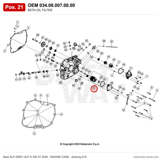 BETA OIL FILTER – OEM 034.08.007.00.00, position 21 on the Beta ALP GREY ALP X 350 4T 2025 engine case drawing