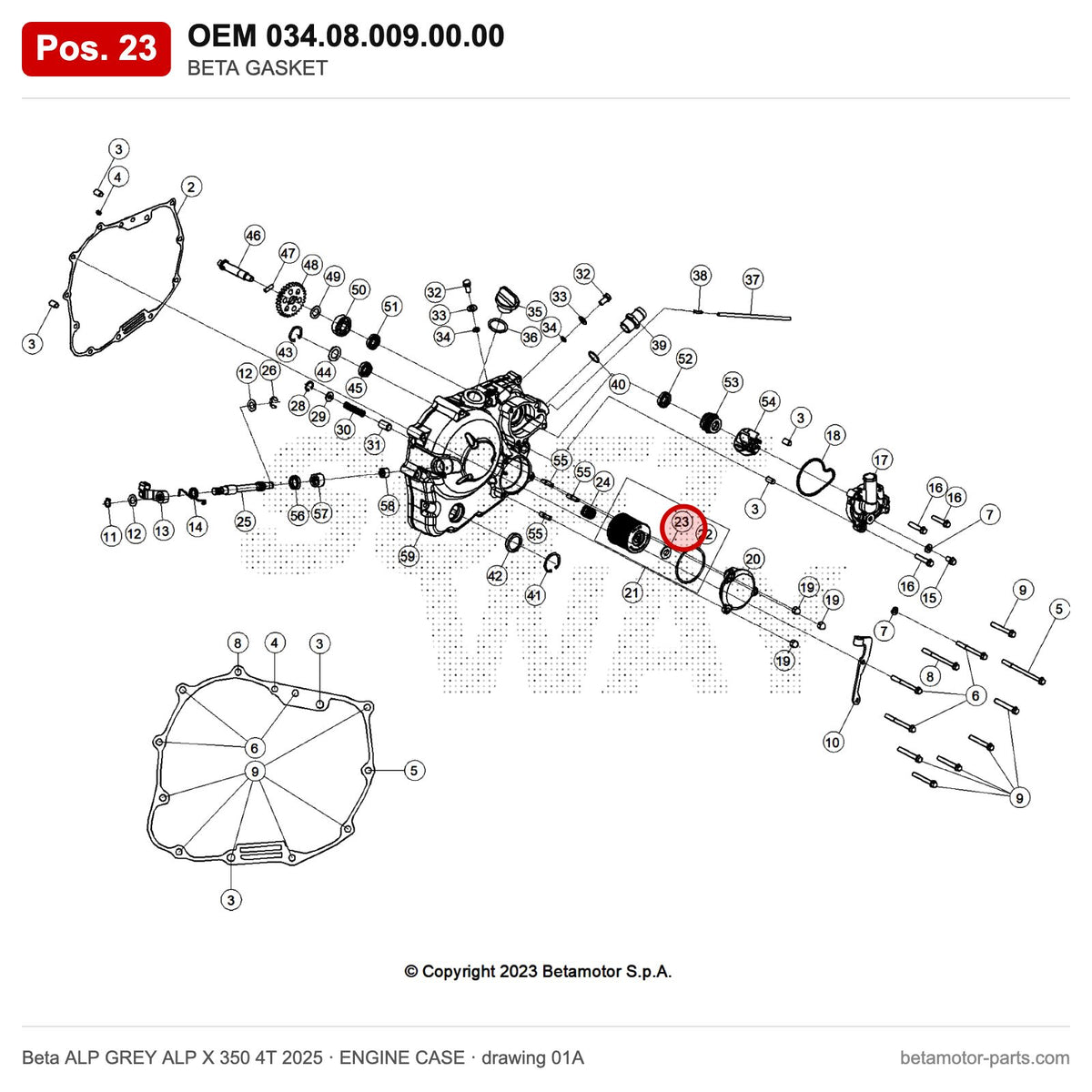 BETA GASKET – OEM 034.08.009.00.00, position 23 on the Beta ALP GREY ALP X 350 4T 2025 engine case drawing