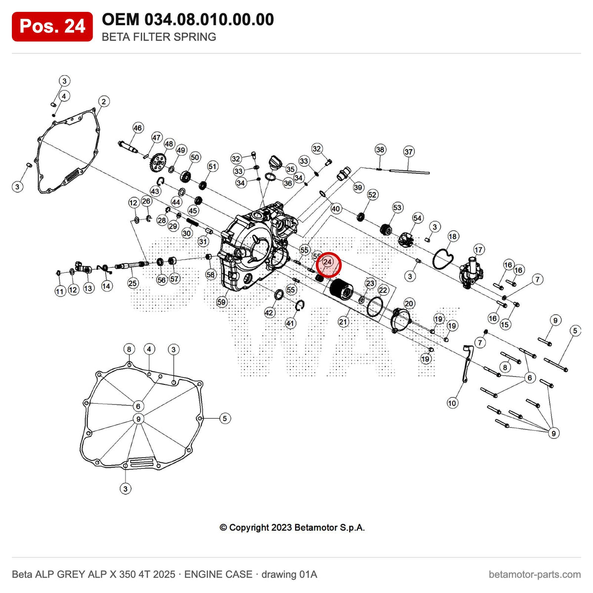 BETA FILTER SPRING – OEM 034.08.010.00.00, position 24 on the Beta ALP GREY ALP X 350 4T 2025 engine case drawing