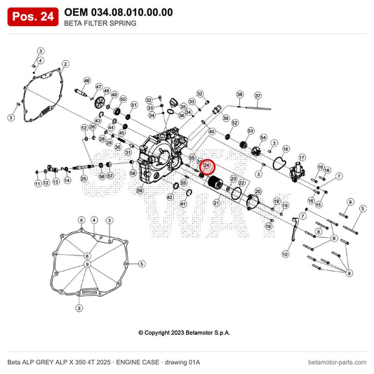 BETA FILTER SPRING – OEM 034.08.010.00.00, position 24 on the Beta ALP GREY ALP X 350 4T 2025 engine case drawing